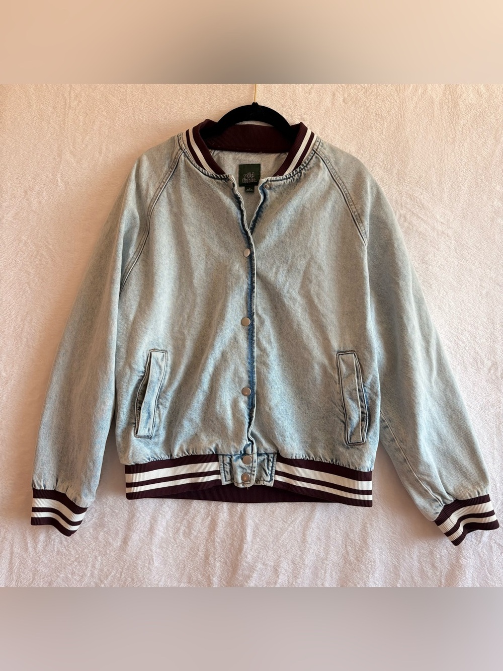 Wild Fable Denim Varsity Bomber Jacket Womens Medium Light Wash Striped